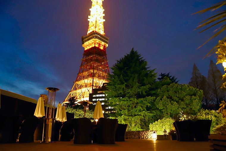 夜空に煌々と輝く東京タワーが照明代わりに
