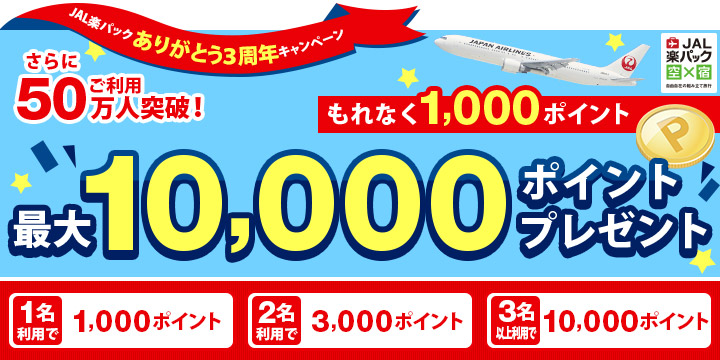 JAL楽パック・ありがとう3周年・ご利用50万人突破！最大10,000ポイントプレゼントキャンペーン