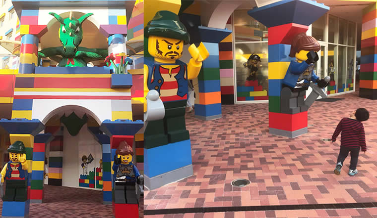 レゴランドホテルを守るドラゴンとレゴの大きな人形たち
