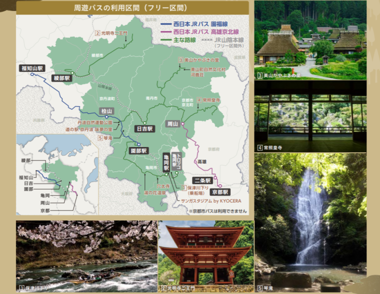 「森の京都」周遊パスを利用した乗車で、美山かやぶきの里や光明寺などに行くことができます