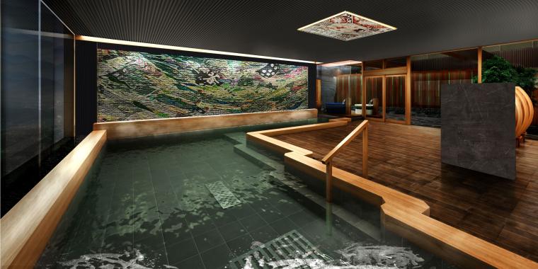 最上階の大浴場では、モダンなアート作品を眺めながら、ゆったりと湯に浸かれます
