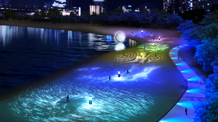 東京台場の海辺で「CONCORDIA」開催！天気や人で変化するインタラクティブな光と音の体験を