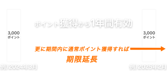 ポイント獲得から１年間有効更に期間内に通常ポイント獲得すれば期間延長