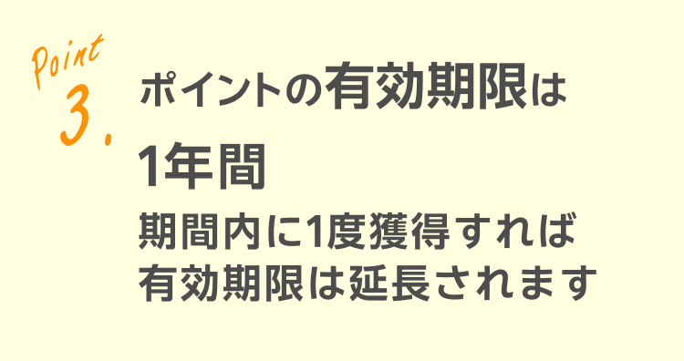 ポイントの有効期限は1年間期間内に1度獲得すれば有効期限は延期されます